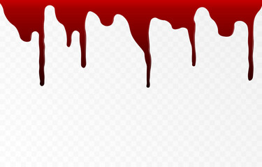 Vector drips of blood on an isolated transparent background. Drops, spatter of blood PNG, drips of blood PNG. - obrazy, fototapety, plakaty