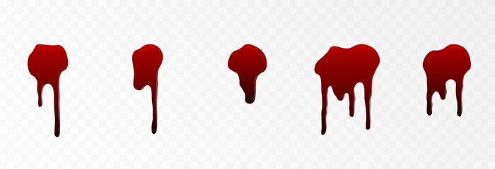 Vector set of drops of blood on an isolated transparent background. Drops, spatter of blood PNG, drips of blood PNG. - obrazy, fototapety, plakaty