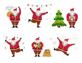 Fototapeta premium Set of cartoon Christmas illustrations isolated on white. Funny happy Santa Claus character with gift, bag with presents, waving and greeting. For Christmas cards, banners, tags and labels.