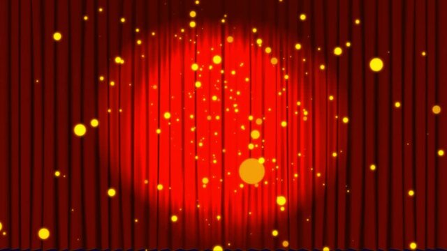 Animation of golden dots falling over red curtain