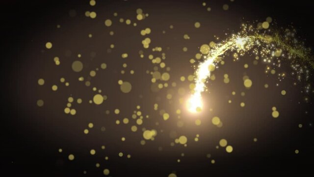 Animation of golden dots and shooting star falling on black background