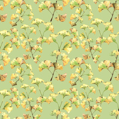 Ginkgo gingo biloba leaves and seeds watercol foliage medical treatment. Seamless pattern of Ginkgo leaves and branches.