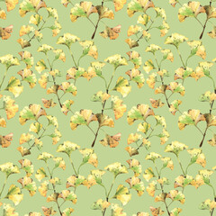 Ginkgo gingo biloba leaves and seeds watercol foliage medical treatment. Seamless pattern of Ginkgo leaves and branches.