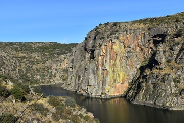 Some mountains and Rio Duero as it passes through Miranda de Duero in Portugal