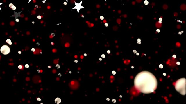 Animation of christmas stars and red spots of light falling over black background