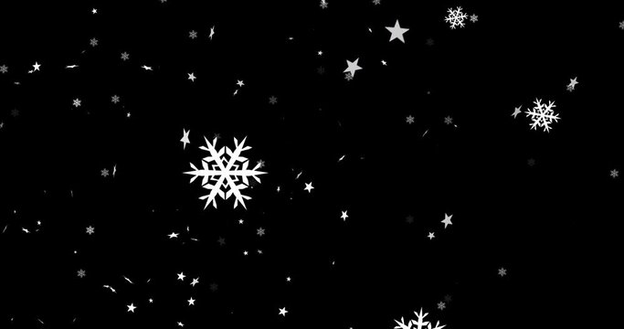 Animation of christmas snowflakes and stars falling over black background