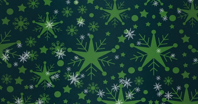 Animation of christmas snowflakes falling over dark blue background with snoflake sand stars