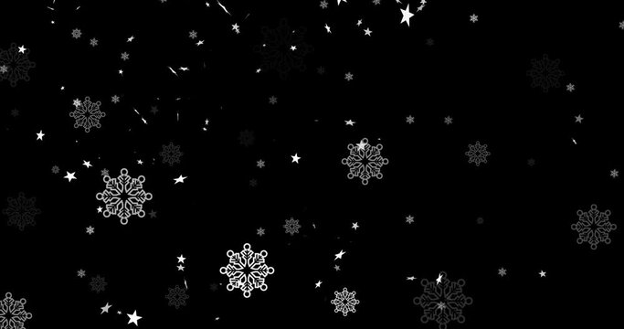 Animation of christmas snowflakes and stars falling over black background