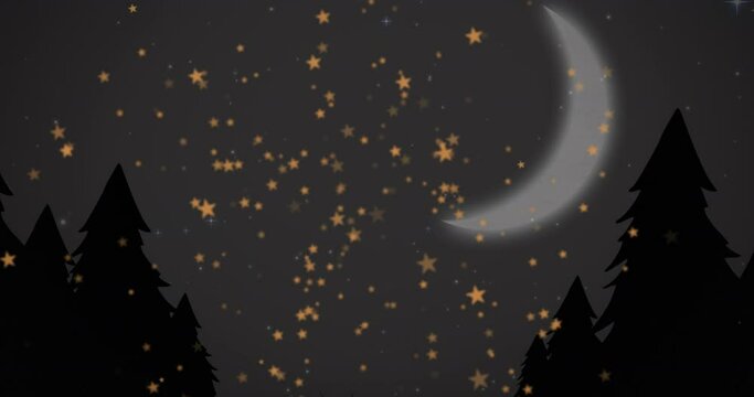 Animation of christmas stars falling over night background with moon