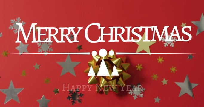 Animation of merry christmas text over stars on red background