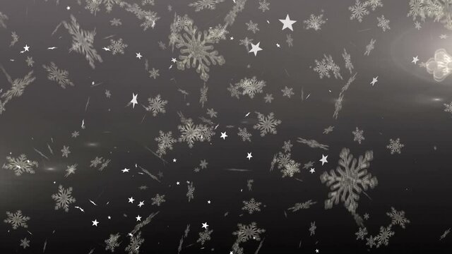 Animation of christmas snowflakes and stars falling over grey background