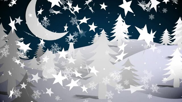 Animation of christmas stars falling over night winter landscape with santa sleigh
