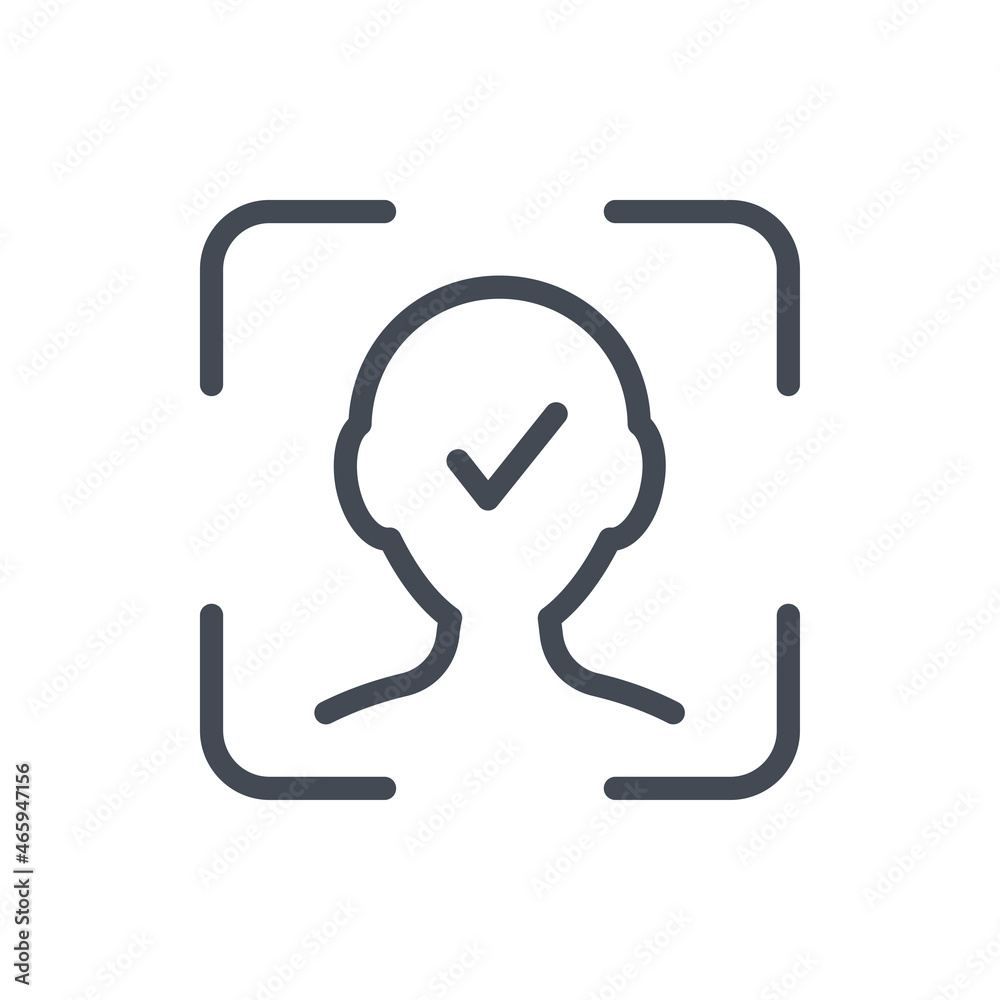 Poster face identification with tick line icon. biometric scan and face scanning frame with check mark vect