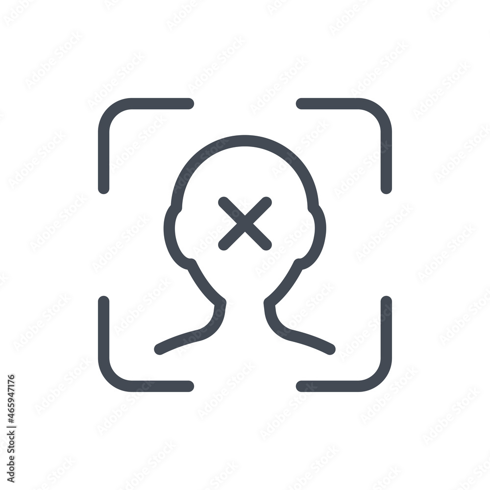 Poster face identification denied line icon. biometric scan frame and face scanning with cross vector outli
