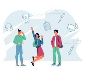 Group of cheerful young university students characters with various education and online learning icons, flat vector illustration isolated on white background. University or college education.