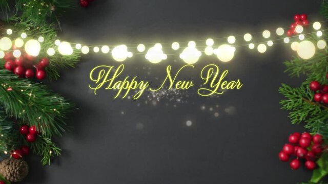Animation of happy new year text over lights and decorations on grey background