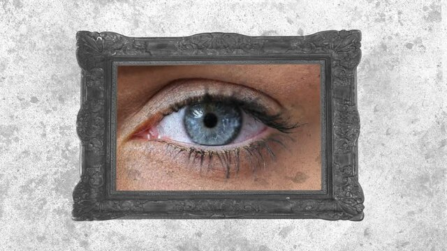 Animation of frame with eye over moving grey and white background