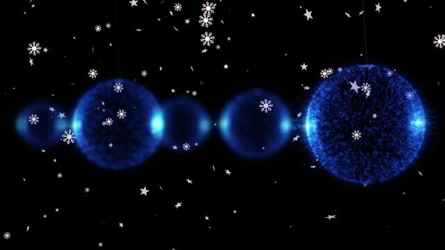 Animation of christmas stars and bubbles falling over black background