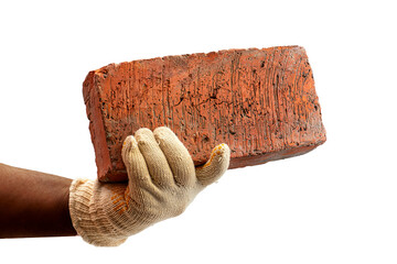 Red Brick with white background. Hand hold red brick isolated