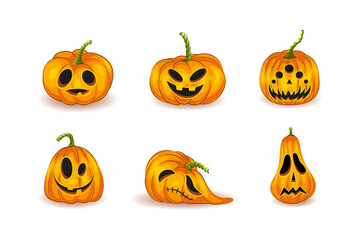 Set Of The main symbol of Happy Halloween holiday with different emotions. Orange unusual funny pumpkins with a smile for your design for the holiday Halloween on white background. Vector illustration
