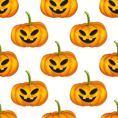 Patterns main symbol of Happy Halloween holiday with different emotions. Seamless Orange unusual pumpkins with a smile for your design for the holiday Halloween on white background.Vector illustration