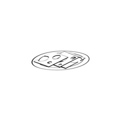 An outline jpeg illustration of cheese slices on the plate isolated on transparent background. Designed in black and white colors for web concepts, prints, wraps