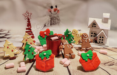 Christmas decoration with chocolate cup and Christmas decorated butter cookies