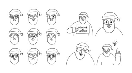 Set of black white contour Santa Claus emotions, avatars. Hand drawn vector illustrations isolated on white background. New idea, board with text, laughter, laugh concepts