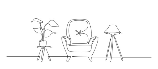 Continuous one line drawing of armchair and loft lamp and table with potted plant. Modern scandinavian furniture in simple Linear style. Doodle simple vector illustration