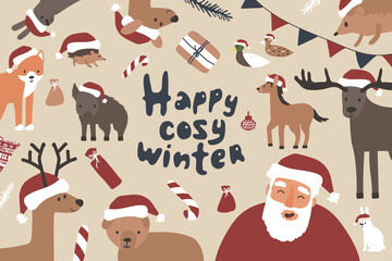 Funny hand drawn Christmas card of cute animals in Santa hats and happy Santa Claus. Vector illustration on beige background