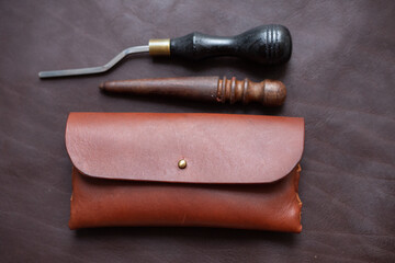 Leather glasses case hand made with craftmanship tool
