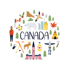 Fototapeta premium Poster in a modern flat style with famous symbols and landmarks of Canada
