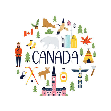 Poster in a modern flat style with famous symbols and landmarks of Canada