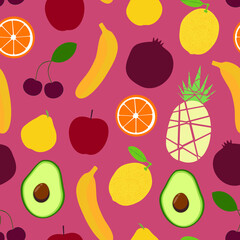 Fruits seamless pattern modern illustration. Lemon, orange, avocado, banana, pomegranate, pineapple, pear, apple fruits.