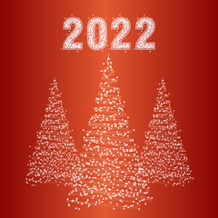 New year illustration with three christmas trees and new year 2022 numbers with sparkling effect