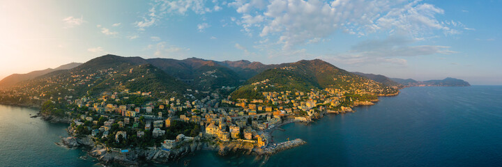Coast of Liguria. Mediterranean Sea. Bogliasco village at sunset, Italy. - 465951908