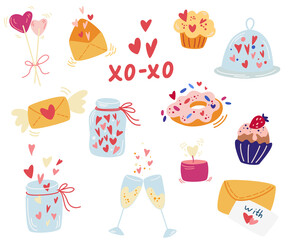 Valentine's day elements set. Champagne, hearts, candies, sweets, cakes, jars and inscription. Perfect for Valentines day gift, fabric, greeting cards, invitation. Vector cartoon illustration.....