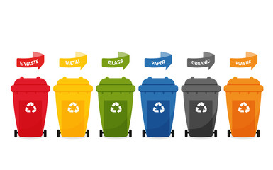 trash cans. types of trash cans, front view set of plastic bins
