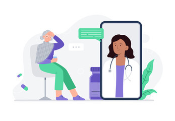 A sick old woman on online consultation with a doctor. Video call with doctor. Online medical services, consultation and telemedicine concept. Vector flat illustration.
