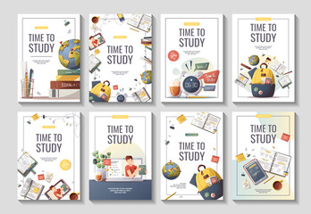 Set of flyers with study supplies for Studying, education, learning, back to school, student, stationery. A4 vector illustration for poster, banner, flyer, advertising.