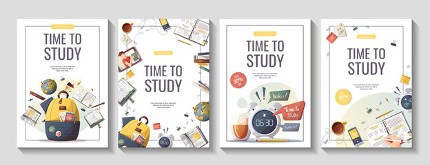 Set of flyers with study supplies for Studying, education, learning, back to school, student, stationery. A4 vector illustration for poster, banner, flyer, advertising.
