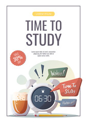 Fototapeta na wymiar Alarm clock with speech bubbles, coffee cup. Studying, education, learning, student concept. A4 vector illustration for poster, banner, flyer, advertising.