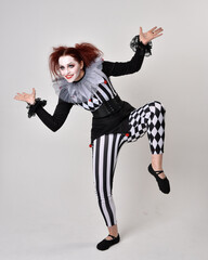 Full length  portrait of red haired  girl wearing a black and white clown jester costume, theatrical circus character.  Standing pose  isolated on  studio background. © faestock