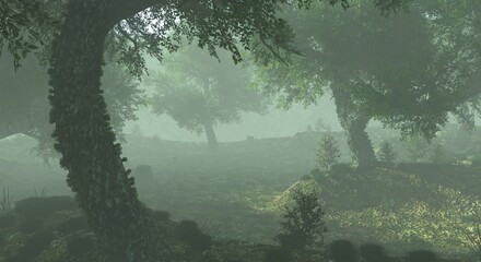 Foggy misty forest haze landscape 3d illustration