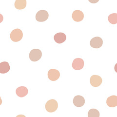 Abstract polka dot seamless pattern with beige circles on white background. Perfect for prints, backgrounds, wrapping paper, textile, linen, wallpaper, etc.
