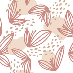 Abstract simple seamless pattern with abstract shapes and leaves. Hand drawn doodle illustrations on white background. For prints, backgrounds, wrapping paper, textile, linen, wallpaper, etc.