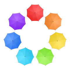Multicolor umbrella set, in flat style isolated on white background. Design Template of Opened Parasols Rainbow colors. Top view. Vector illustration. EPS 10.