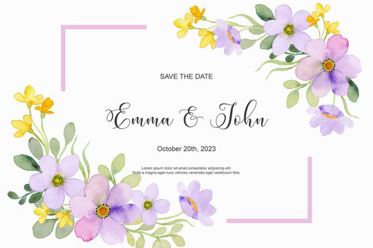 Romantic wedding invitation template with purple flower watercolor