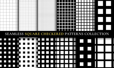 Vector black and white square checkered seamless patterns collection
