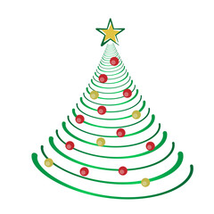 christmas tree illustration with red and golden Christmas balls